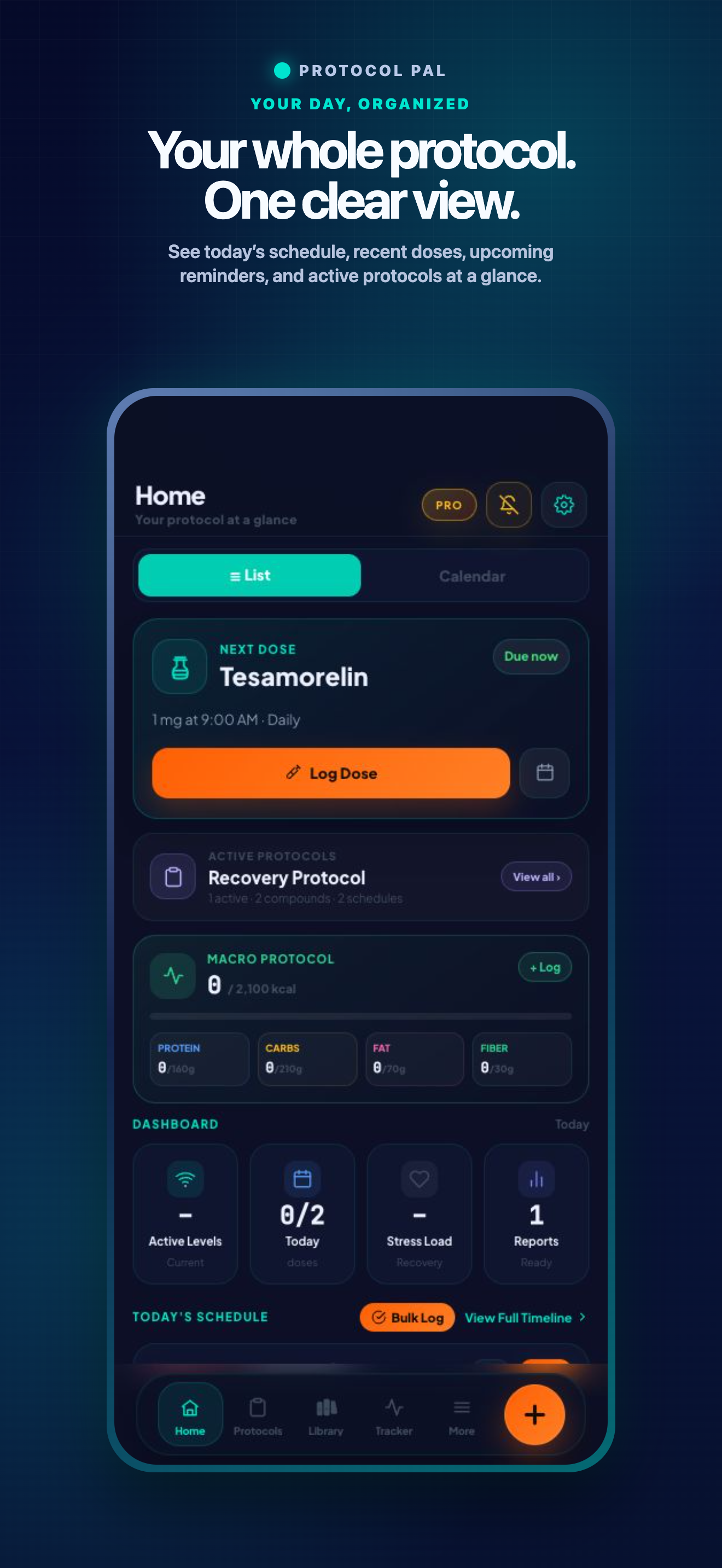 Protocol Pal home dashboard showing the day's protocol, next dose, nutrition and schedule